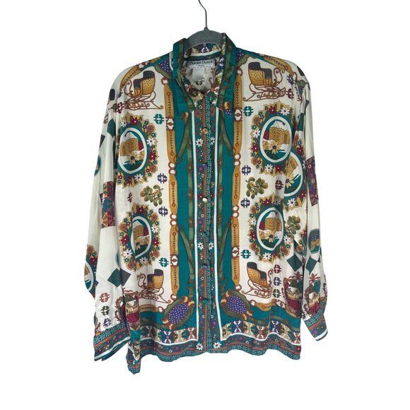 Vintage Daniel Duval Paris Multicolor Christmas Womens Blouse - Picture 2 of 10